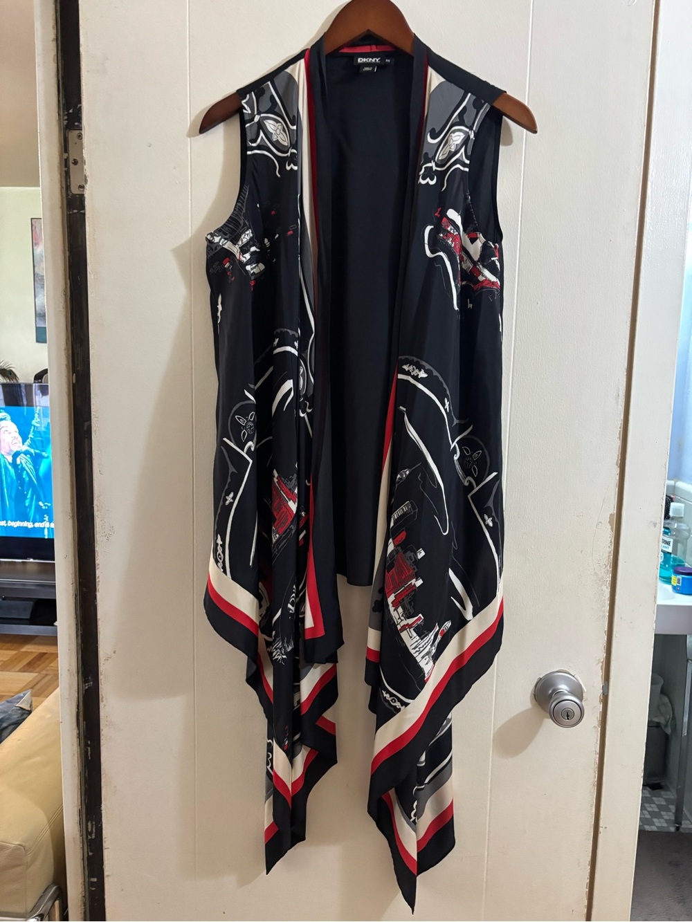 DKNY Black Sleeveless Draped Vest with Red and White Accents